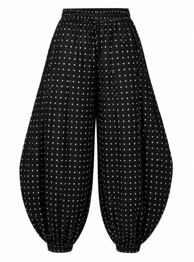 BLACK POLKA DOT COTTON BARREL PANT, shown alone on an invisible mannequin