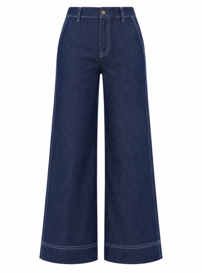 DARK DENIM WIDE FIT PANT WITH ERYN STITCH DETAILING, shown alone on an invisible mannequin