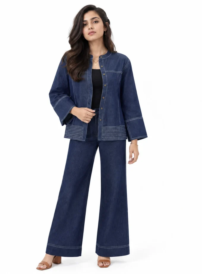 DARK DENIM COTTON BLEND WAVE JACKET WITH ERYN STITCH DETAILING PAIRED WITH DARK DENIM WIDE FIT PANT WITH ERYN STITCH DETAILING, worn by a model