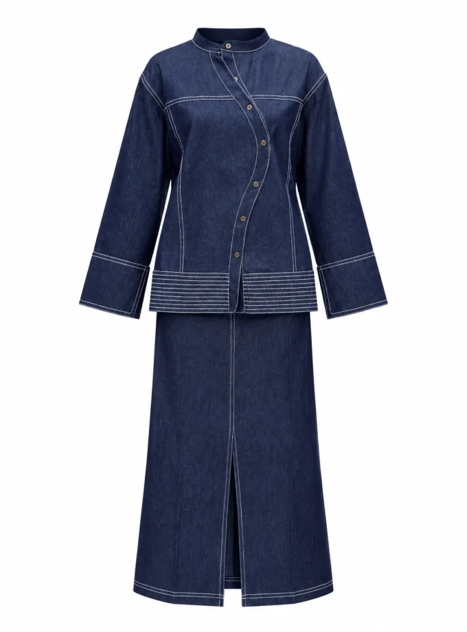 DARK DENIM COTTON BLEND WAVE JACKET WITH ERYN STITCH DETAILING PAIRED WITH DARK DENIM STRAIGHT FIT A LINE SKIRT WITH ERYN STITCH DETAILING, shown alone on an invisible mannequin