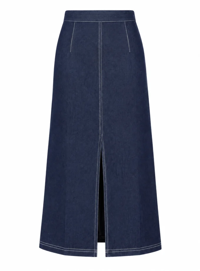 DARK DENIM STRAIGHT FIT A LINE SKIRT WITH ERYN STITCH DETAILING, shown alone on an invisible mannequin