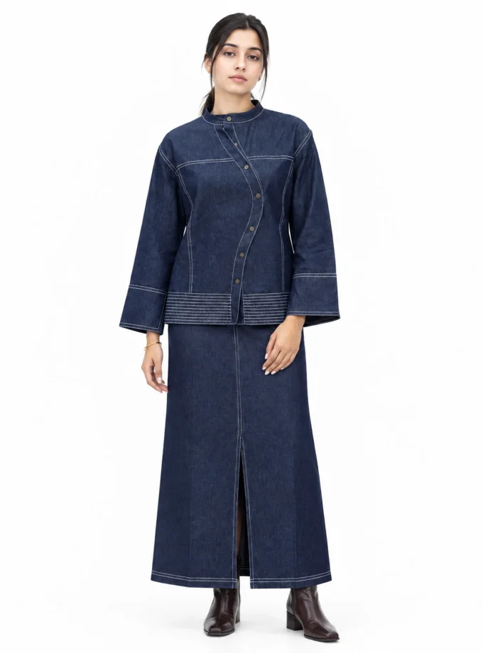 DARK DENIM COTTON BLEND WAVE JACKET WITH ERYN STITCH DETAILING PAIRED WITH DARK DENIM STRAIGHT FIT A LINE SKIRT WITH ERYN STITCH DETAILING, worn by a model