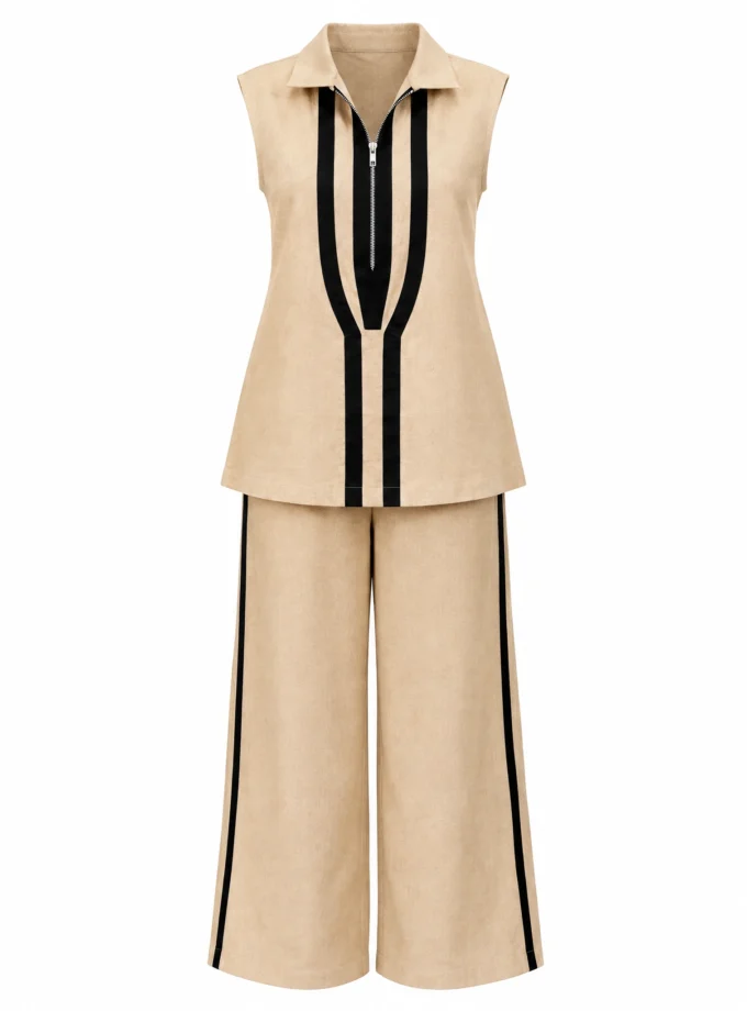 BEIGE H-LOOM SLEEVELESS ZIP NECK TOP WITH BLACK PATCH HIGHLIGHT PAIRED WITH BEIGE H-LOOM STRAIGHT FIT PANT, shown alone on an invisible mannequin