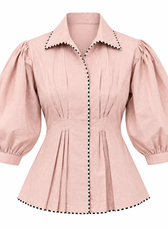 ROSE PINK LINEN BLEND FRONT PLEAT PUFF SLEEVE TOP, shown alone on an invisible mannequin