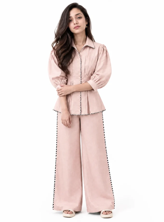 ROSE PINK LINEN BLEND STRAIGHT FIT PANT, worn by a model