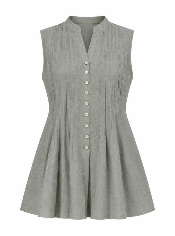 GREY H-LOOM PLEATED SLEEVELESS METAL BUTTON TOP, shown alone on an invisible mannequin
