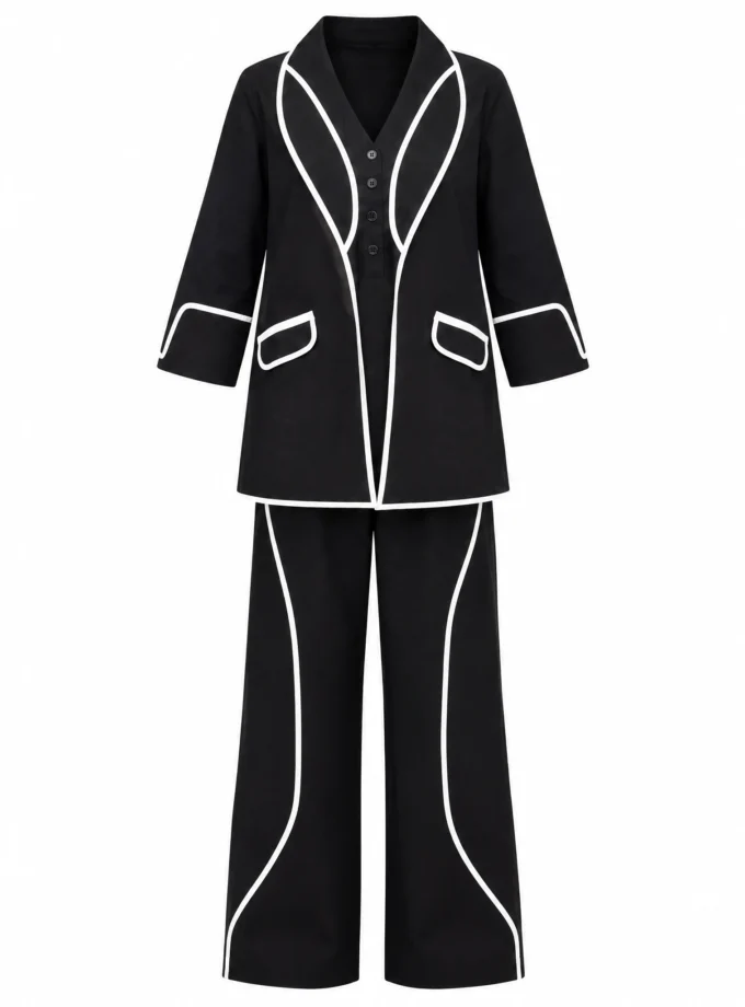 BLACK AND WHITE COTTON BLEND STRAIGHT FIT PANT, shown alone on an invisible mannequin