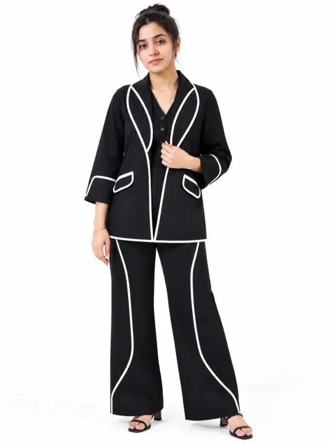 BLACK AND WHITE COTTON BLEND STRAIGHT FIT PANT, worn by a model