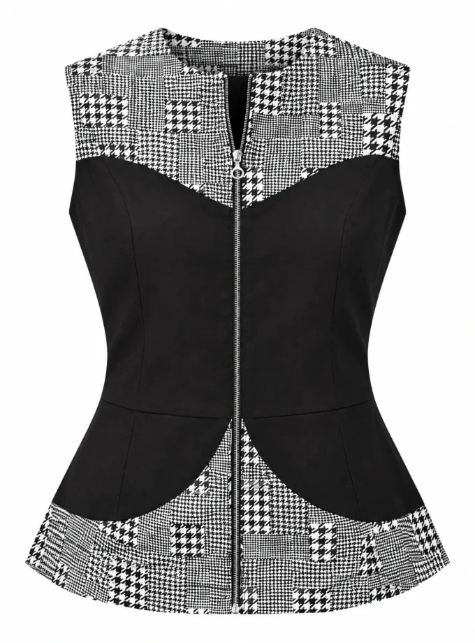 BLACK HOUNDS TOOTH PRINT TUBE SLEEVELESS TOP, shown alone on an invisible mannequin