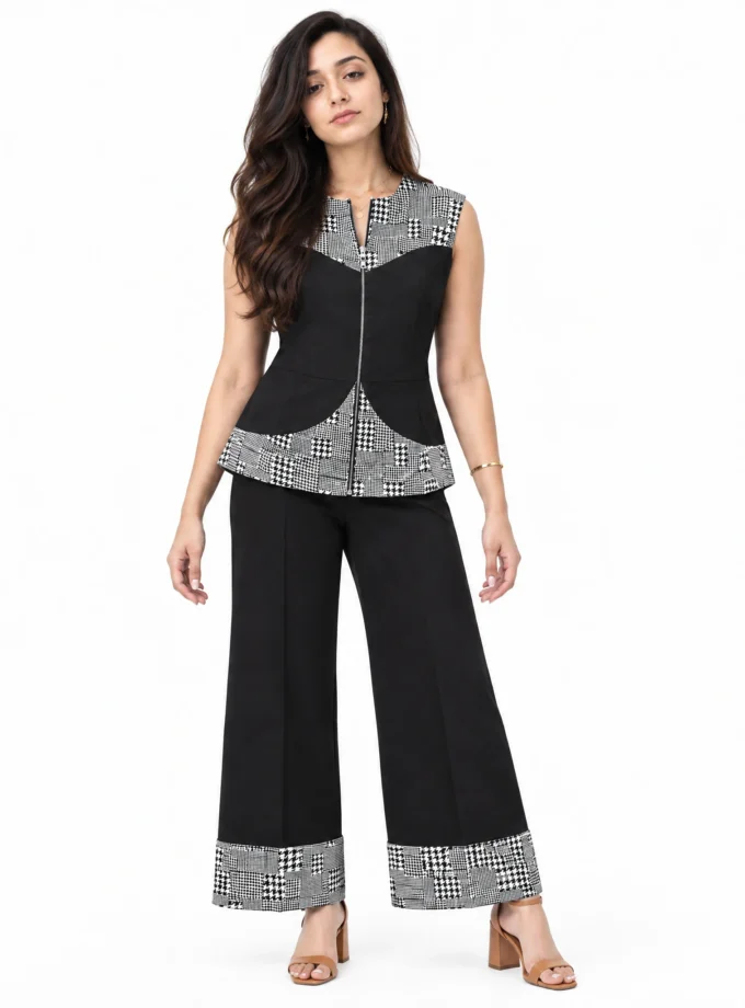 BLACK COTTON BLEND STRAIGHT FIT PANTS, worn by a model