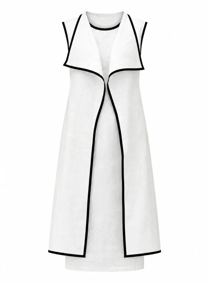 WHITE LINEN BLEND DOUBLE LAYER SLEEVELESS DRESS, shown alone on an invisible mannequin