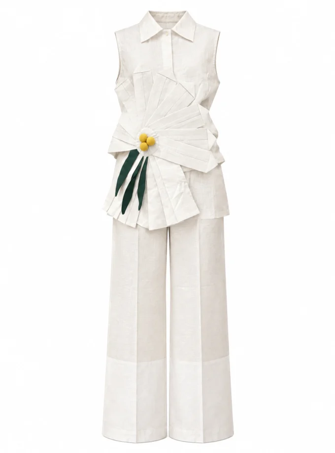 WHITE LINEN BLEND STRAIGHT FIT PANTS, shown alone on an invisible mannequin