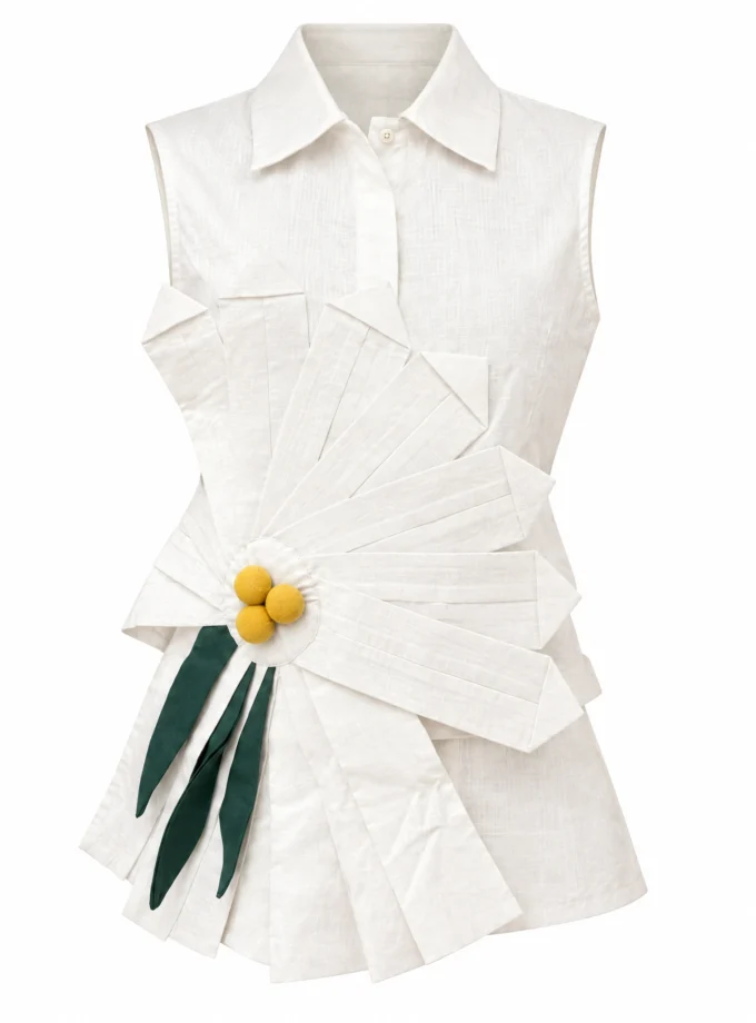 WHITE LINEN BLEND SLEEVELESS 3D PETAL CONSTRUCTION TOP, shown alone on an invisible mannequin