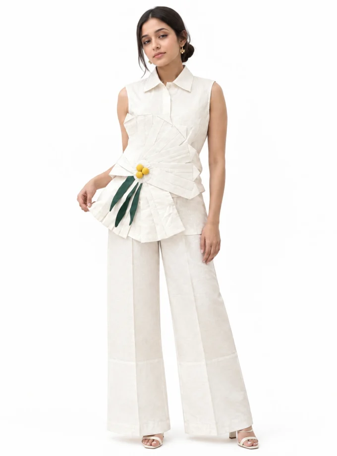 WHITE LINEN BLEND STRAIGHT FIT PANTS, worn by a model