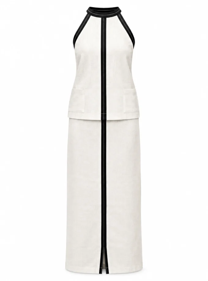 BEIGE LINEN BLEND STRAIGHT FIT SKIRT WITH BLACK STRIPE DETALING, shown alone on an invisible mannequin