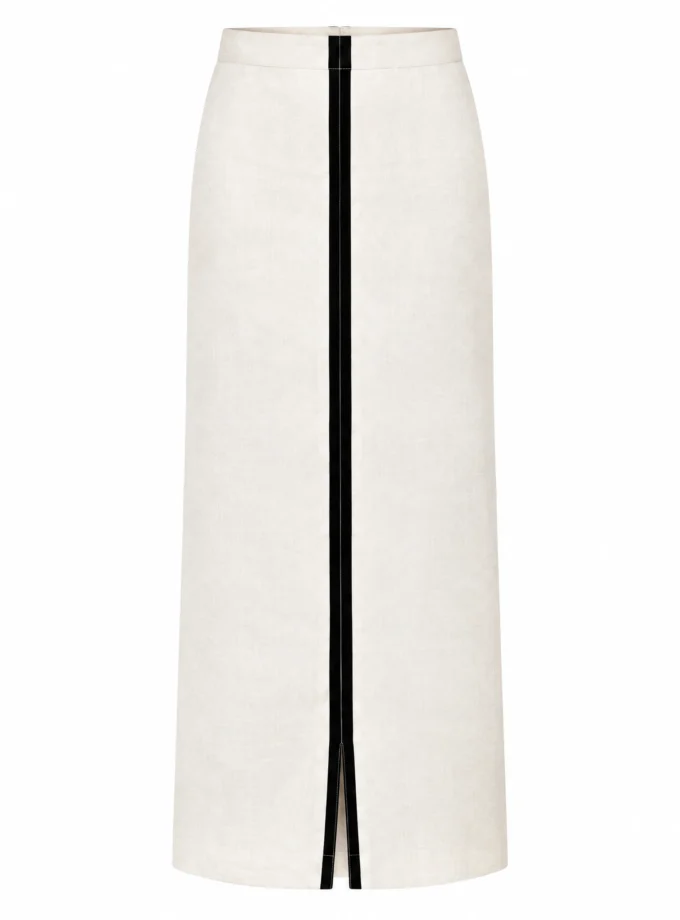 BEIGE LINEN BLEND STRAIGHT FIT SKIRT WITH BLACK STRIPE DETALING, shown alone on an invisible mannequin