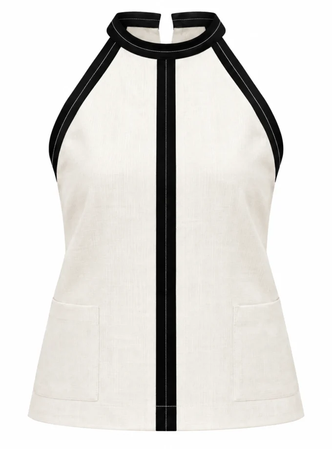 BEIGE LINEN BLEND HALTER NECK SLEEVELESS TOP, shown alone on an invisible mannequin