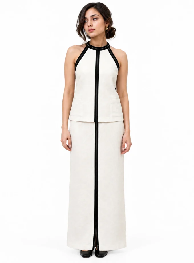 BEIGE LINEN BLEND STRAIGHT FIT SKIRT WITH BLACK STRIPE DETALING, worn by a model