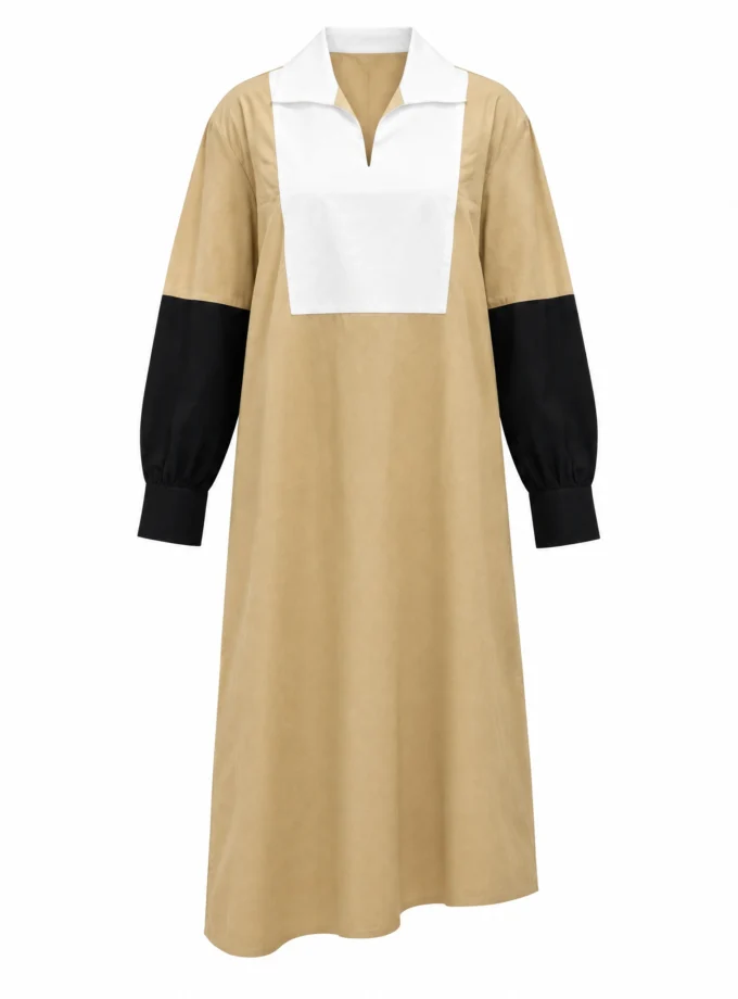 BEIGE COTTON BLEND LOOSE FIT DRESS WITH BLACK AND WHITE COLOR BLOCKS, shown alone on an invisible mannequin