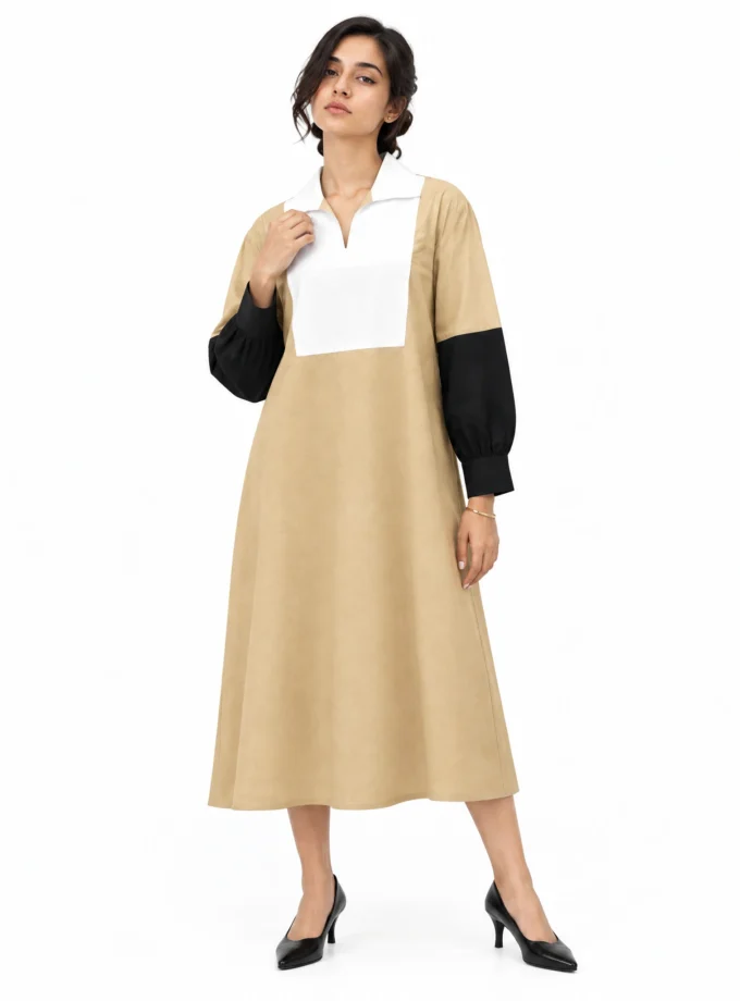 BEIGE COTTON BLEND LOOSE FIT DRESS WITH BLACK AND WHITE COLOR BLOCKS, worn by a model