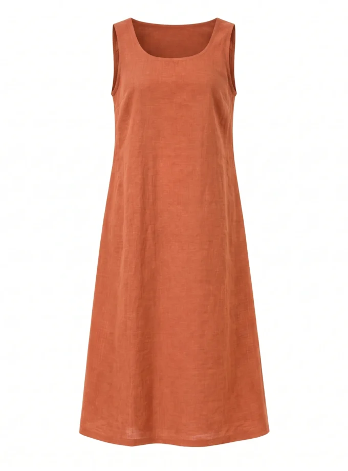 Norelle rust H-LOOM sleeveless slip dress with round neck, shown alone on an invisible mannequin