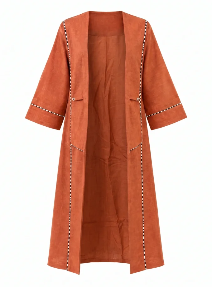 Norelle rust H-LOOM flap-collar open jacket, shown alone on an invisible mannequin