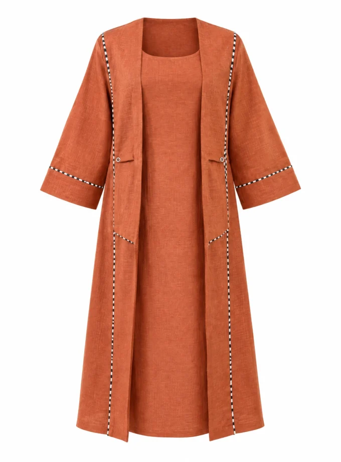 Norelle rust H-LOOM sleeveless slip dress with round neck paired with the rust H-LOOM flap-collar open jacket, shown together on an invisible mannequin