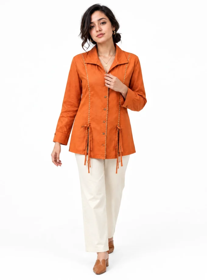 Orlisse rust peach cotton highlow panel shirt, worn by a model