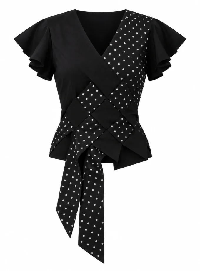 BLACK COTTON BLEND CROSS POLKA DOTTED TOP, shown alone on an invisible mannequin