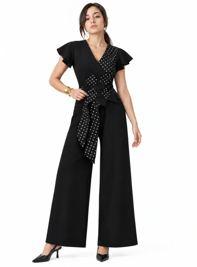 BLACK COTTON BLEND STRAIGHT FIT PANT, worn by a model