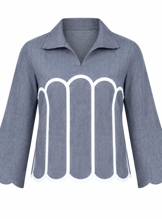 GREY H-LOOM SCALLOP COLLAR NECK SHIRT TOP, shown alone on an invisible mannequin