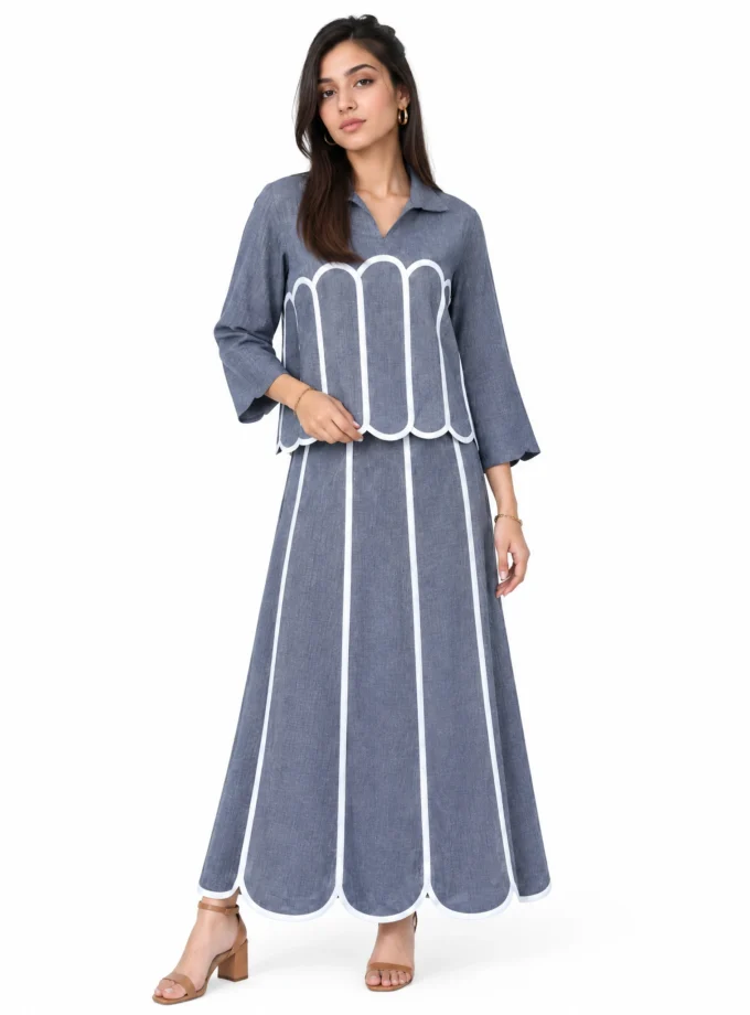 GREY H-LOOM SCALLOP PANEL SKIRT, worn by a model