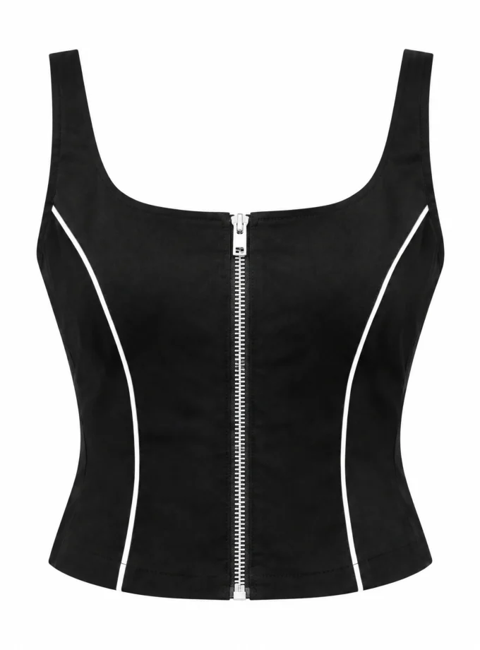 A BLACK COTTON BLEND CORSET CUT TOP, shown alone on an invisible mannequin
