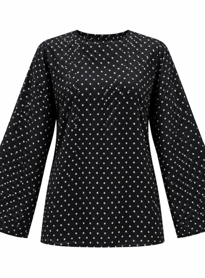 BLACK POLKA DOT COTTON PLEAT TOP, shown alone on an invisible mannequin