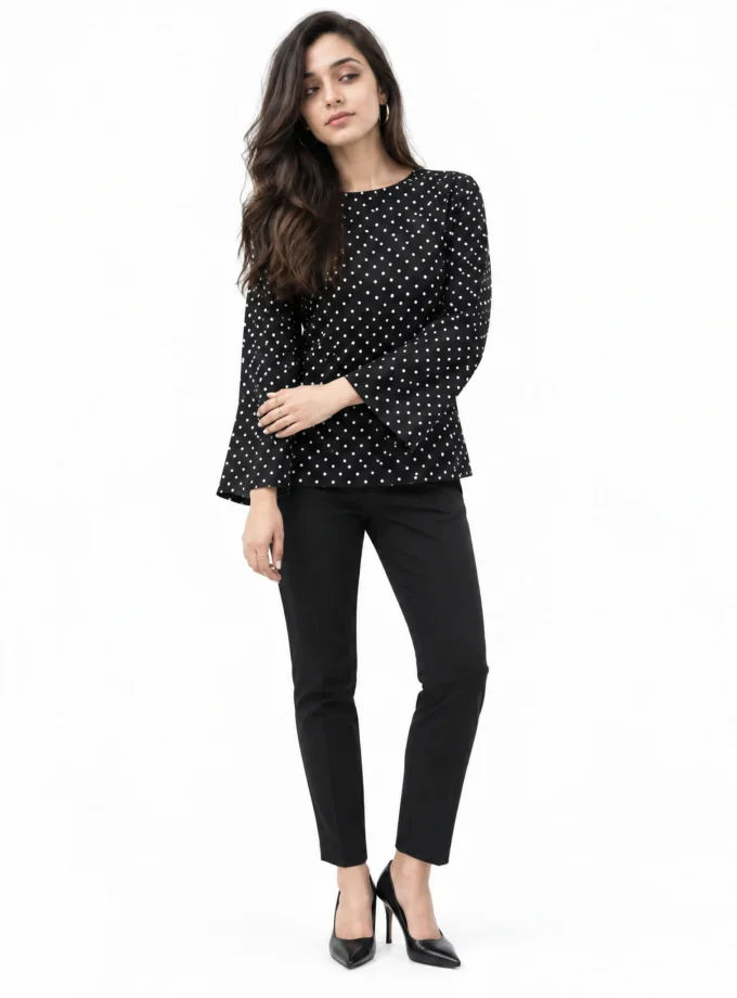 BLACK POLKA DOT COTTON PLEAT TOP, worn by a model