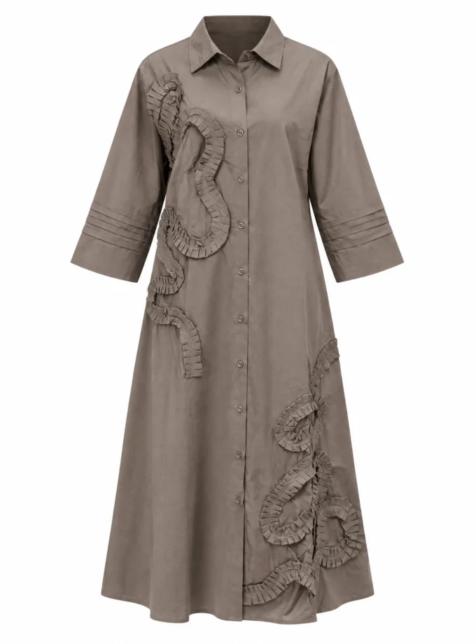 Solennea coffee cotton shirt-collar aline dress with pleated applique placement shown alone on an invisible mannequin