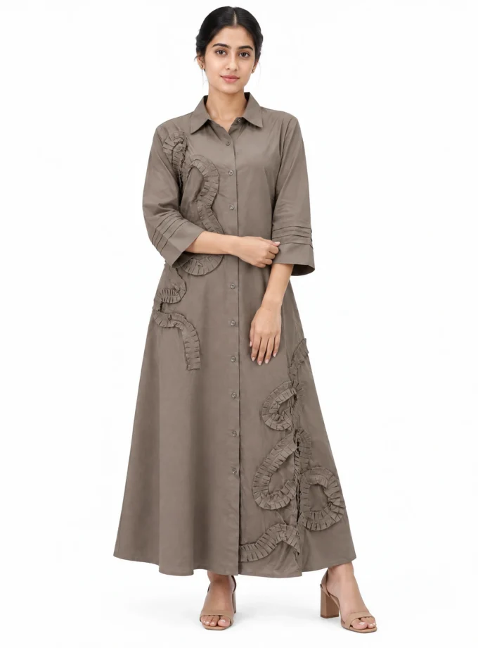 Solennea coffee cotton shirt-collar aline dress with pleated applique placement, worn by a model