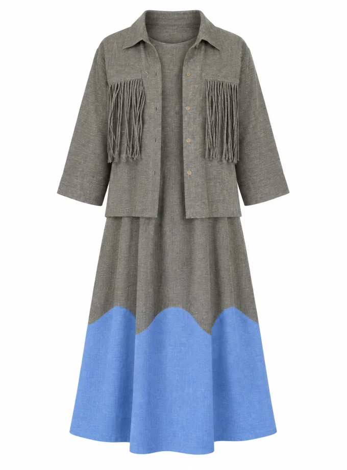 Velisse grey H-LOOM crop shirt with tassel pockets paired with the grey-blue H-LOOM dress with a scallop patch at the hem, shown together on an invisible mannequin