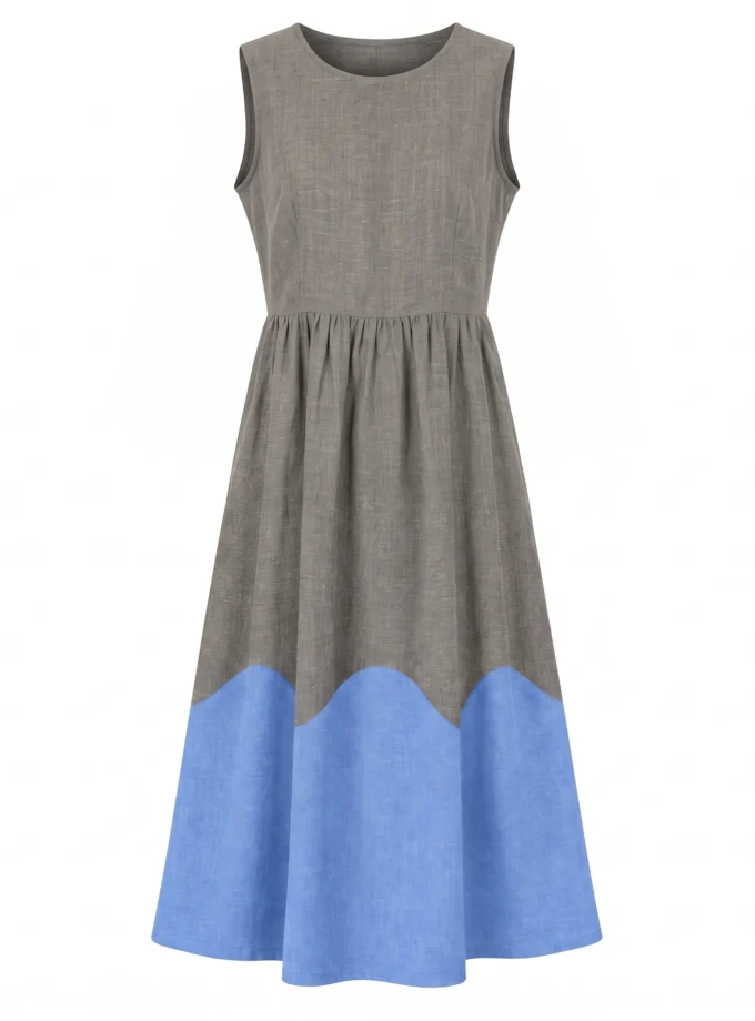 Velisse grey-blue H-LOOM dress with a scallop patch at the hem, shown alone on an invisible mannequin