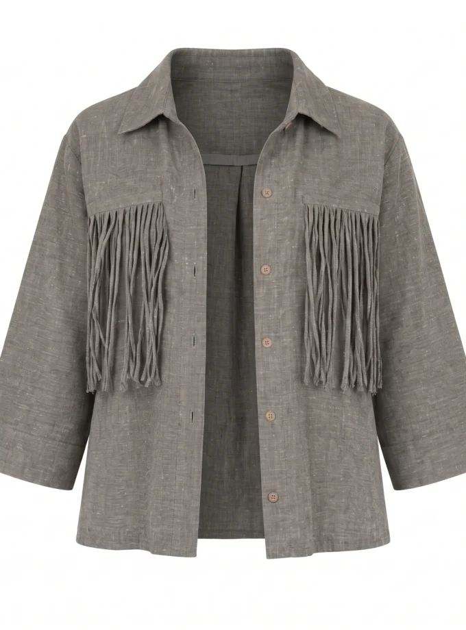 Velisse grey H-LOOM crop shirt with tassel pockets, shown alone on an invisible mannequin