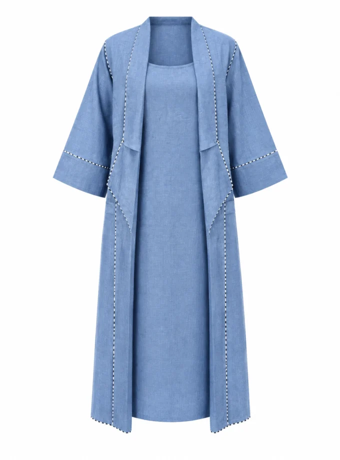 Vireya ice blue H-LOOM flap collar open jacket paired with the ice blue H-LOOM sleeveless slip dress, shown together on an invisible mannequin