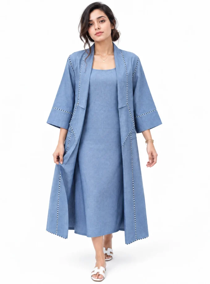 Vireya - model wearing the ice blue H-LOOM flap collar open jacket over the ice blue H-LOOM sleeveless slip dress