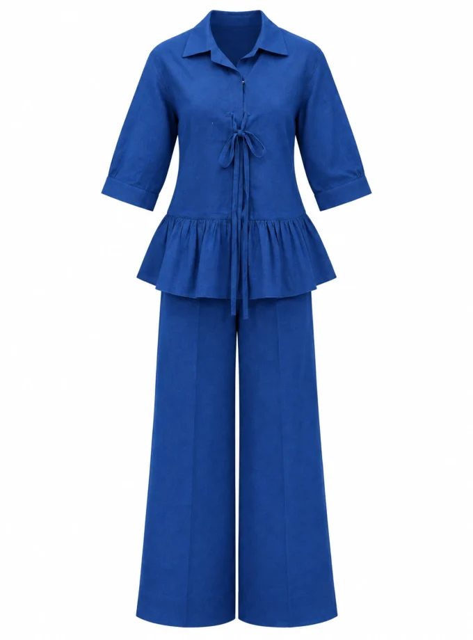 Ysoldie teal H-loom tie-up top with a gathered hem paired with teal H-loom straight fit pants, shown together on an invisible mannequin