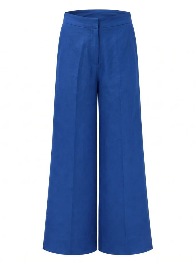 Ysoldie teal H-loom straight fit pants shown alone on an invisible mannequin