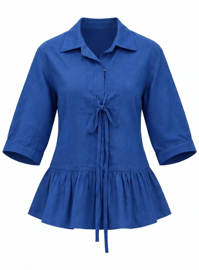 Ysoldie teal H-loom tie-up top with a gathered hem shown alone on an invisible mannequin