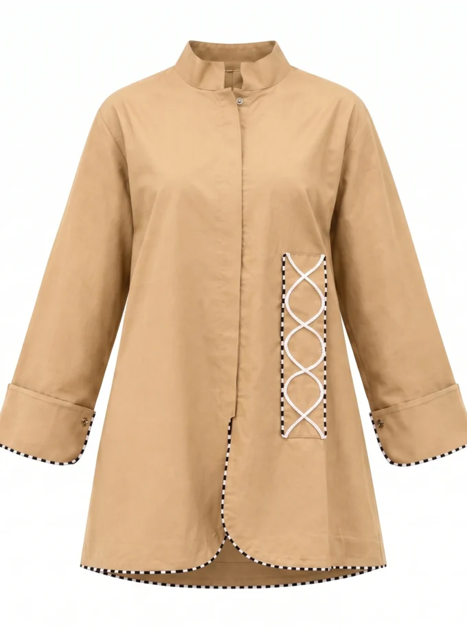 Zoreille biscuit beige cotton mandarin collar high low shirt with black and white lace detailing and a pleated back, shown alone on an invisible mannequin
